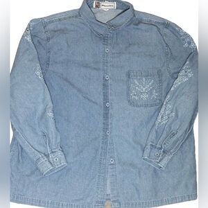 Passion-I Womens Shirt L Large Light Denim Embroidered Long Sleeve Jeans Vintage